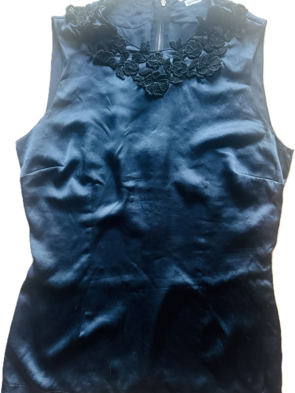 Dolce & Gabbana Black Satin Sleeveless Top with Floral Appliqué